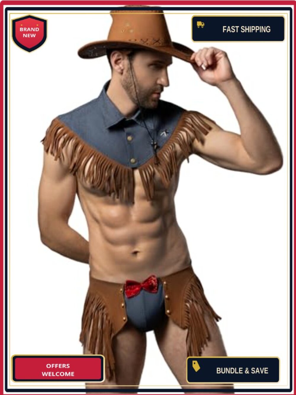 Mens Cowboy Costume Lingerie Set Cosplay Exotic Underwear Western Outfit